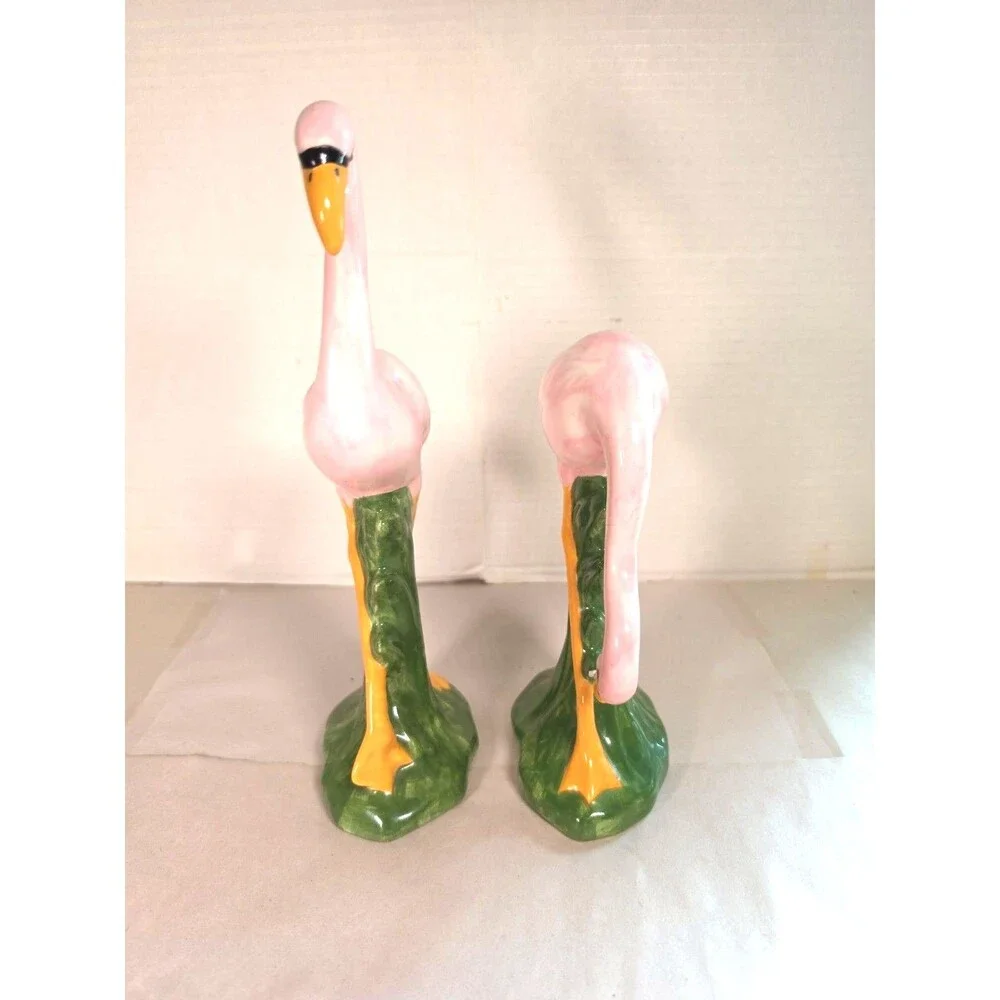 Vintage 1970's Ceramic Glossy Pink Flamingo Figurine Set    10” & 7” Tall